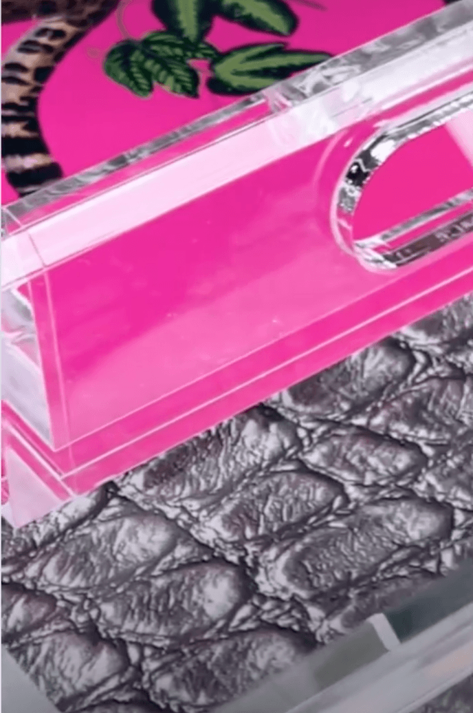 Tiger Seeing Double in Hot Pink on Crocodile Silver Acrylic Tray